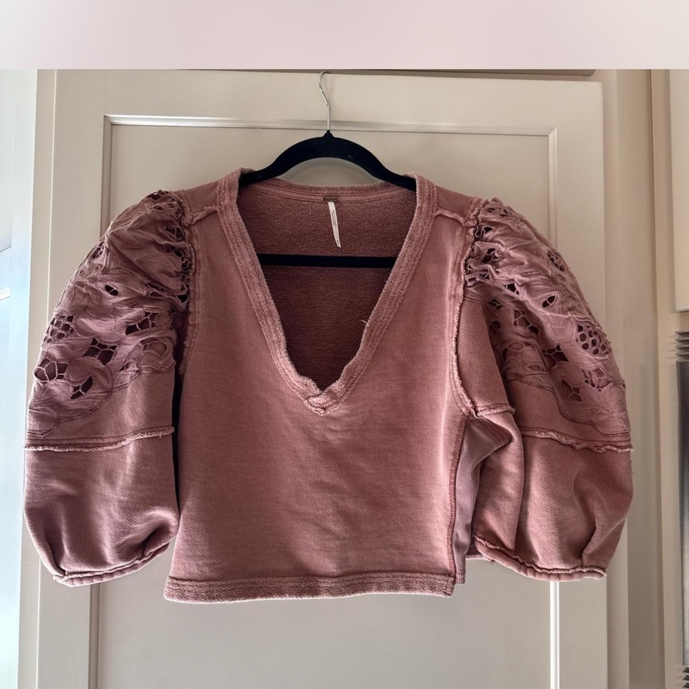 Free People Dusty Pink Blouse with Lace Sleeves